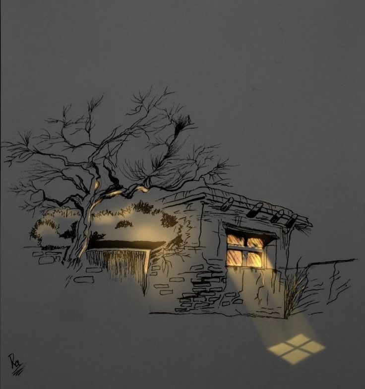 a drawing of a house with a tree in the window and light coming through it