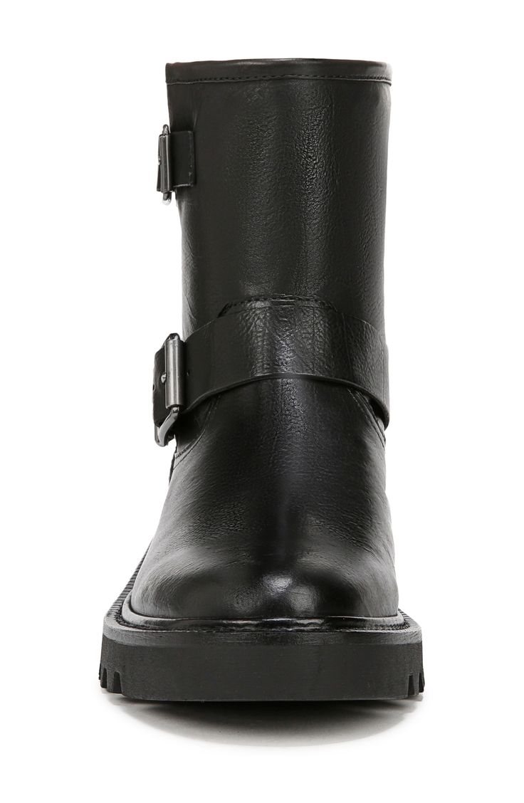 Decorative buckle straps and a treaded lug sole give a moto-inspired kick to this leather bootie. 1 1/4" heel 6" shaft Pull-on style Leather upper/synthetic lining and sole Imported Edgy Ankle-high Moto Boots For Work, High Ankle Leather Platform Boots With Buckle, Ankle-high Moto Boots With Buckle For Work, Ankle-high Moto Boots With Buckle Closure For Workwear, Leather Moto Boots With Buckle For Work, Fall Moto Ankle Boots With Buckle Closure, Fall Moto Ankle Boots With Buckle, Fall Ankle Moto Boots With Buckle, Moto Boots With Buckle Closure And Medium Width