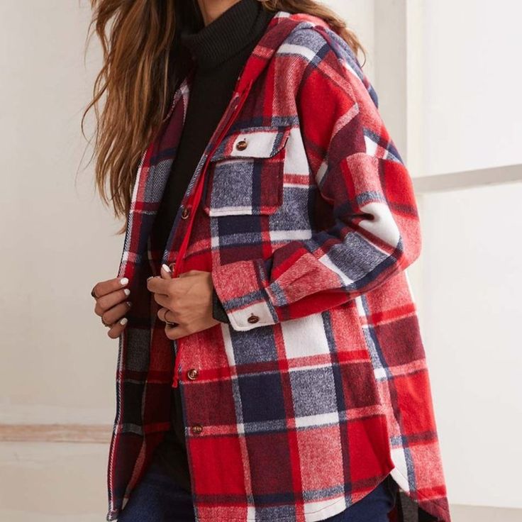 Suzanne Betro | Red, Navy, & White Plaid Button-Up Shacket (1x) Brand: Suzanne Betro Msrp: $134.00 Condition: Nwt Button-Up Pattern: Plaid Colors: Red, Navy Blue, White Comfy Hooded Jacket Size: 1x 2 Front Chest Pockets Material: 100% Polyester Fast Shipping, Fast Response, Quality! #Plaidjacket, #Paidshacket, #Redbluewhitejacket, #Hoodedjacket Red Collared Outerwear With Button Closure, Trendy Red Outerwear With Button Closure, Red Oversized Outerwear With Buttons, Oversized Red Outerwear With Buttons, Casual Red Outerwear With Snap Buttons, Red Single Breasted Button-up Outerwear, Red Snap Button Outerwear For Fall, Red Long Sleeve Outerwear With Button Closure, Red Outerwear With Snap Buttons For Fall