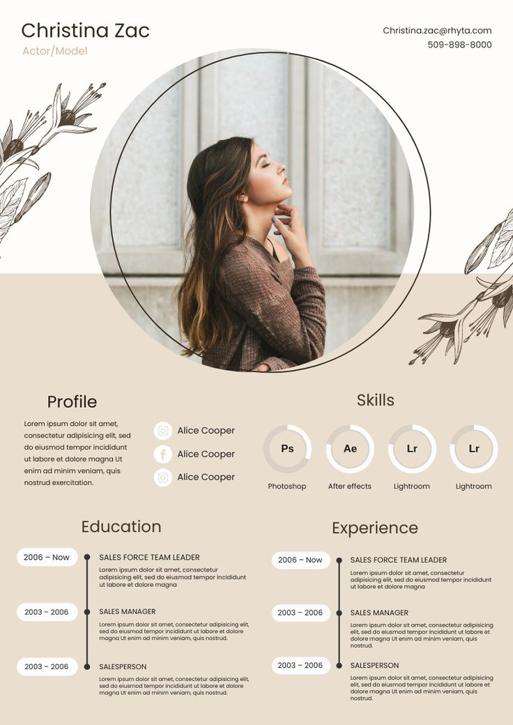 a professional resume with flowers on the front and side, including an image of a woman's face