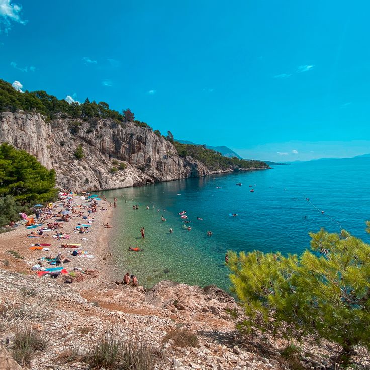 many people are on the beach and in the water near some rocks, trees and cliffs