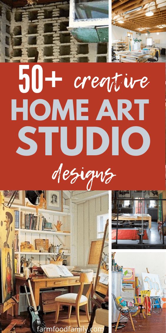 the cover of 50 + creative home art studio designs, including books and artwork on shelves