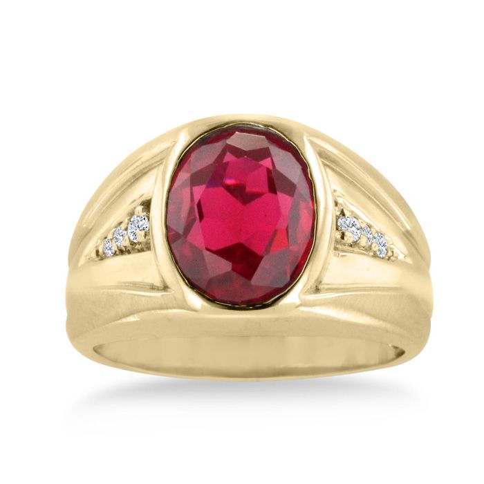 Mens Ruby Ring | 4 1/2ct Oval Created Ruby and Diamond Men's Ring Crafted In Solid Yellow Gold Mens Ruby Ring, Rings Ruby, Mens Gemstone Rings, Rings Gemstone, White Diamond Ring, Rings Rings, Ring Crafts, Ruby Diamond, Pretty Rings