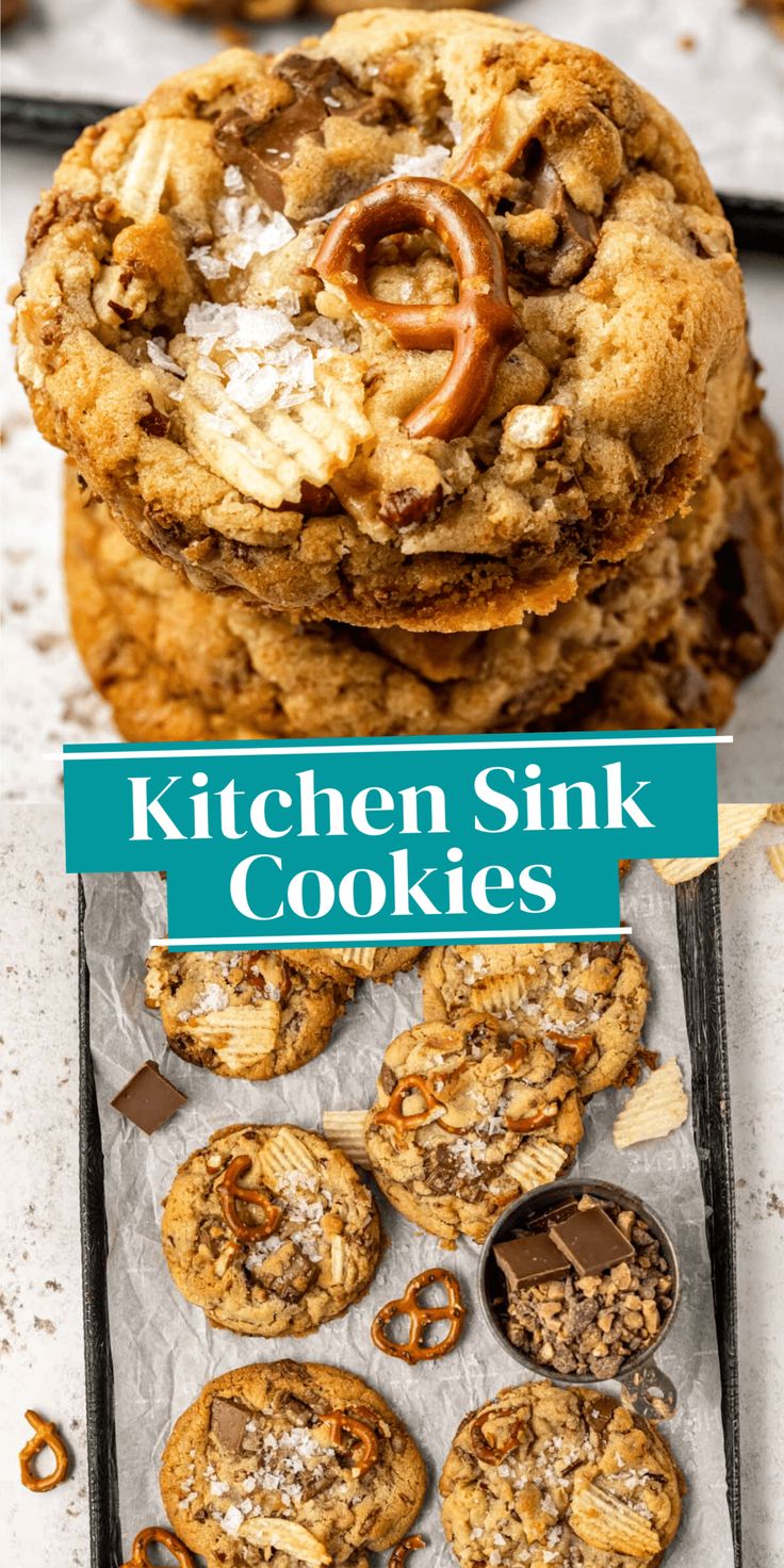 cookies are stacked on top of each other with the words kitchen sink cookies above them