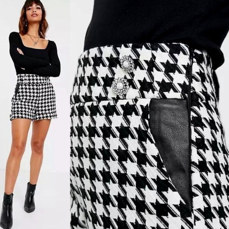 Rare! An Effortlessly Chic And Sexy Pair Of Shorts From River Island With A Nostalgic 1950s-60s Vibe! In 1950 Hounstooth Became A Favorite Of Christian Dior. He Loved The Pattern Symbolism So Much That He Packaged His First Fragrance Of Miss Dior In Mono Houndstooth Check. This Striking Pattern Makes A Big Comeback This Fall. It's One Of Those Hot Pieces That Are Easy To Throw On And Look Smashing. Cut From High-Quality Tweed Material (100% Acrylic). Features A Flattering High-Rise Waist, Glamor Trendy High Waist Houndstooth Bottoms, Trendy Fitted Houndstooth Bottoms, Chic Fitted Houndstooth Pattern Bottoms, Fitted Black Houndstooth Bottoms, White Houndstooth Bottoms For Work, White Houndstooth Workwear Bottoms, White Chic Bottoms With Houndstooth Pattern, Chic White Bottoms With Houndstooth Pattern, Chic White Houndstooth Bottoms