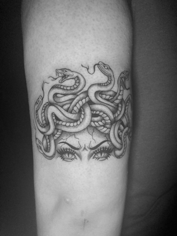 Medusa, Medusa tattoo, black and grey tattoo Medusa Thigh Piece, Medusa Tattoo Hip Thigh, Medusa Eyes Tattoo Stencil, Medusa Themed Tattoo, Medusa Calf Tattoo, Medusa Knee Tattoo, Lowkey Medusa Tattoo, Medusa Shin Tattoo, Medusa Tattoo Dark