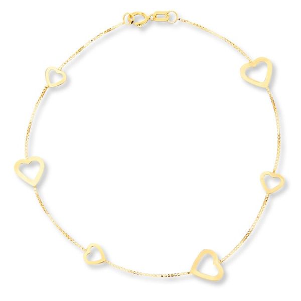 Large and small heart outlines dance between box chains in this pretty bracelet for her. The 7.5-inch bracelet is crafted of 14K yellow gold, and secures with a spring ring clasp. Buy Earrings Online, Bracelet For Her, Station Bracelet, Jewelry Education, Jewelry Advice, Fairy Jewelry, Gems Bracelet, Buy Earrings, Gold Bracelet For Women