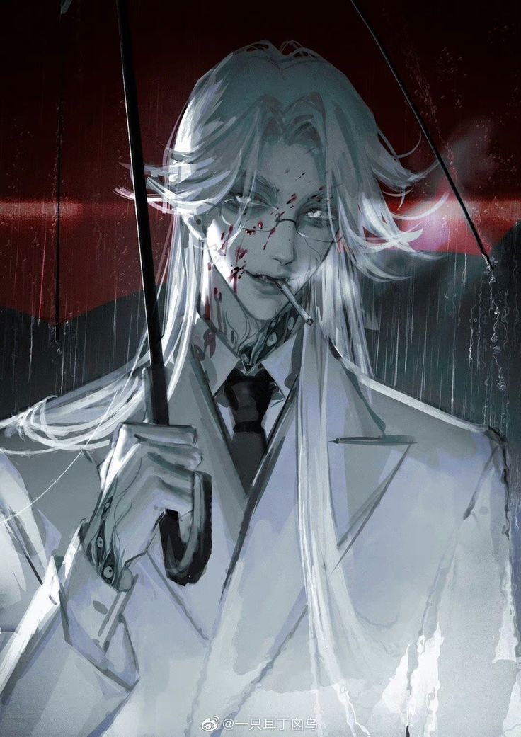 a man holding an umbrella in the rain with blood on his face and eye makeup