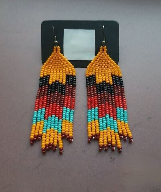 Tribal Earrings Native  Boho American Seed Beads Handmade Earring Eagle Beaded Earrings, Beaded Fall Earrings, Native American Beaded Earrings Pattern, Sisters Crafts, Beading Earring, Native American Beadwork Earrings, Native Earrings, Fall Bead, Seed Bead Jewelry Patterns