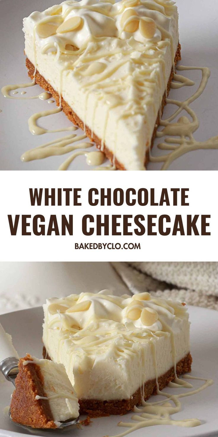 white chocolate vegan cheesecake on a plate with a fork in it and the words,