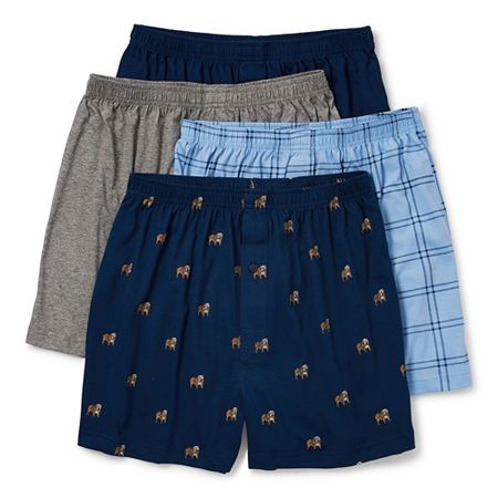 Add this Stafford men's 4-pack of boxers to your wardrobe for all-day comfortable underwear. Made from 100% cotton-jersey knit that's soft and breathable, this multi-pack includes four pairs of boxer shorts with an elastic-waist for easy on-and-off and a button-fly. Wear them under everything from suit pants to pajama shorts.# Pieces In Set: 4-PackFeatures: Multi-Pack, Flat SeamsFiber Content: 100% CottonFabric Description: JerseyCare: Tumble Dry, Machine WashMaterial: CottonCountry of Origin: I Mens Boxers, Suit Pants, Boxer Shorts, Pajama Shorts, Spending Money, Knit Jersey, Elastic Waist, Personal Style, Pajamas