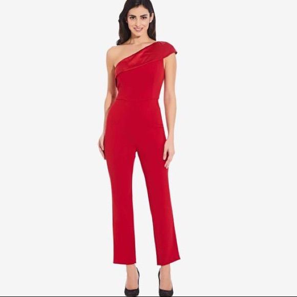 Very New-Never Worn Size: 6 Red Crepe (95% Polyester, 5% Spandex). Jumpsuit. Sleeveless. One Shoulder Neckline. Hidden Side Zipper Closure. Fully Lined. A Sleek One-Shoulder Neckline Adds Fashion-Forward Edge To This Straight Leg Jumpsuit By Adrianna Papell That We Love As A Chic Alternative For This Season's Formal Events. Elegant Red Stretch Jumpsuits And Rompers, Spandex Jumpsuit, One Shoulder Jumpsuit, Adrianna Papell, Formal Event, Lady In Red, Side Zipper, Pant Jumpsuit, Fashion Forward