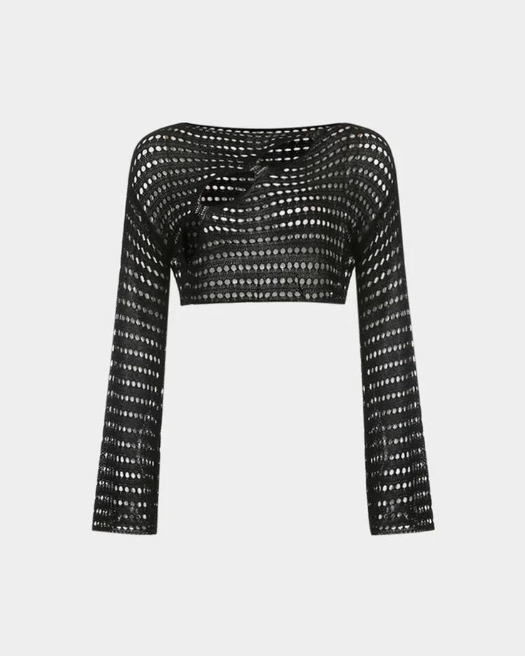 Fishnet Crop Tops, Festival Mode, Black Mesh Top, Flared Sleeves Top, Sweater Oversize, Summer Crop Tops, Looks Black, Crochet Crop Top, Knit Crop Top