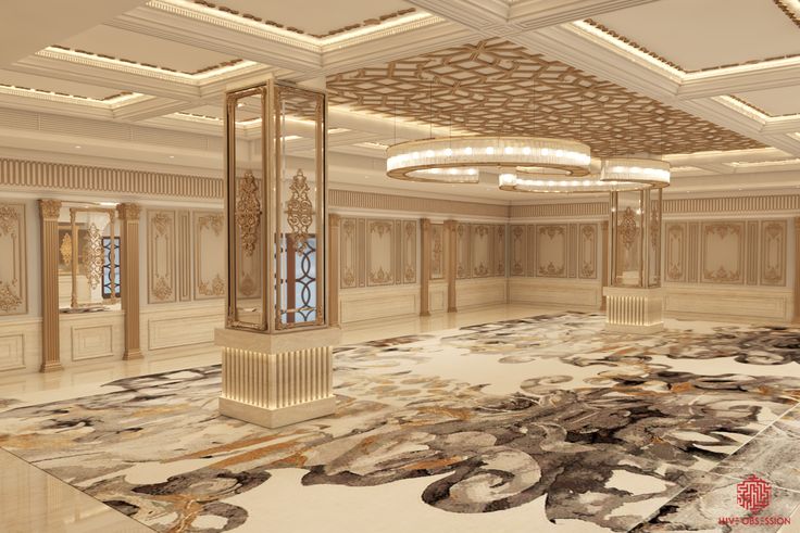 an elaborately decorated ballroom with chandelier and marble flooring is seen in this image