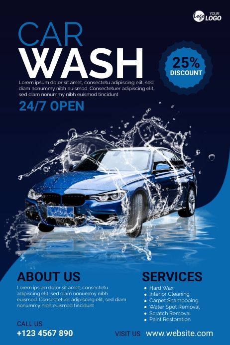 a blue car wash flyer with water splashing on it