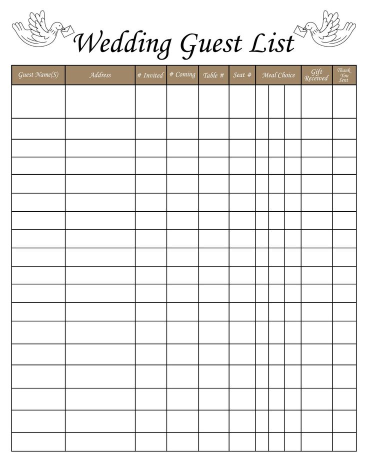 the wedding guest list is shown in this printable sheet for guests to sign up