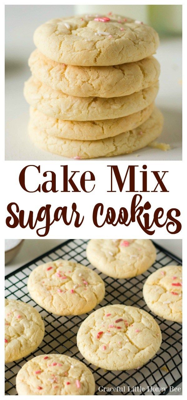 cake mix sugar cookies are stacked on top of each other