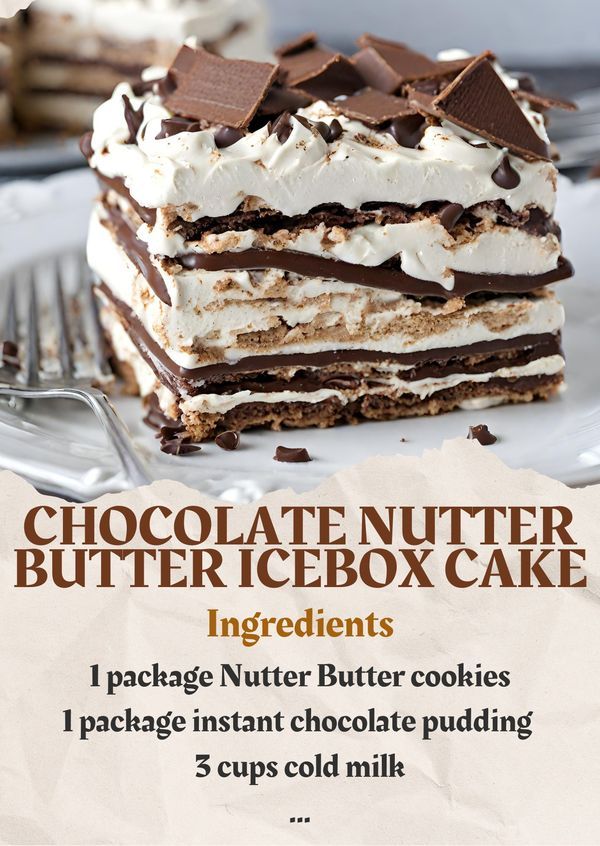 chocolate nutter butter icebox cake recipe on a white plate with text overlay