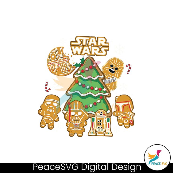 a star wars christmas tree surrounded by gingerbreads and other holiday decorations with the words peace svg digital design