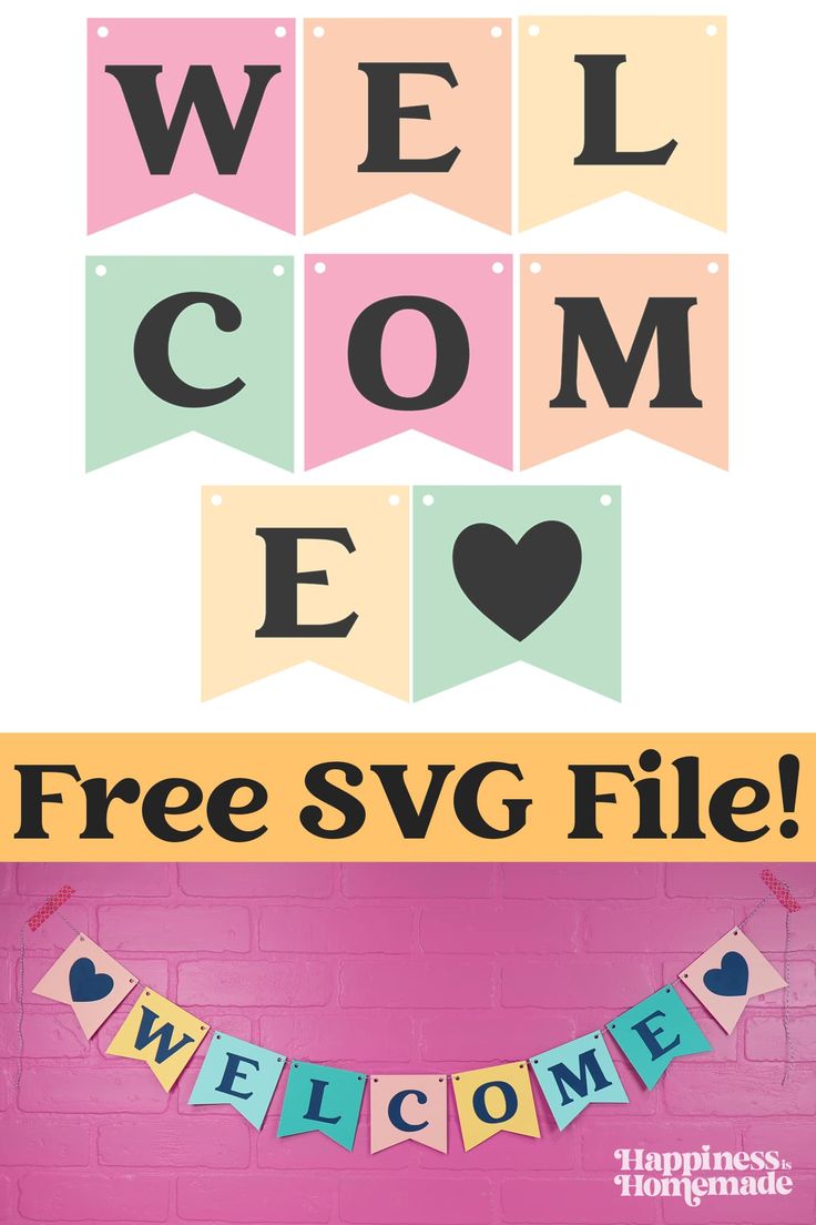 a welcome banner with the words free svg file and buntings on it