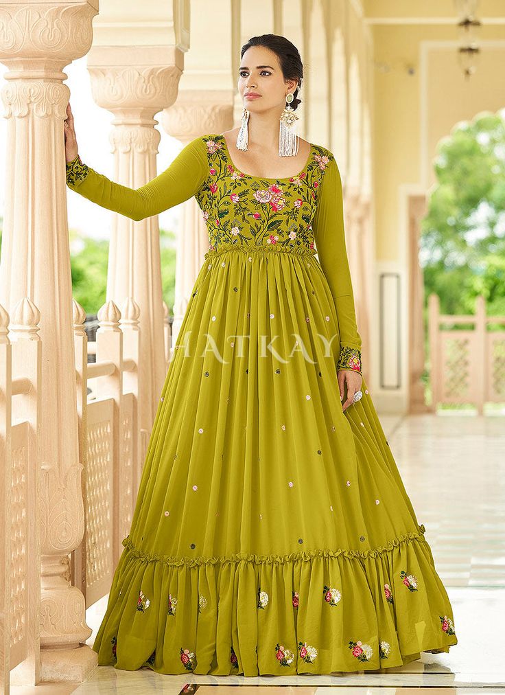 Buy Gown In USA | Light Green Multi Embroidered Flared Anarkali Gown At Hatkay Shop Indian Suits In UK, Canada, Germany, Mauritius, Singapore With Free Shipping Worldwide. Flared Anarkali, Indo Western Gown, Anarkali Gown, Indian Suits, Glamorous Style, Churidar, Mauritius, Salwar Kameez, Indian Outfits