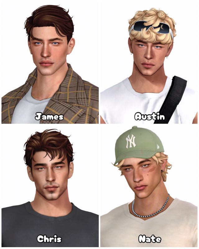 four male avatars with different hair styles and names on their faces, all wearing baseball caps