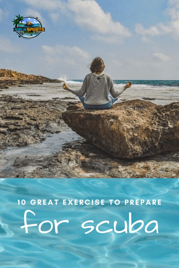 a woman sitting on top of a rock next to the ocean with text overlay reading 10 great exercise to prepare for scuba