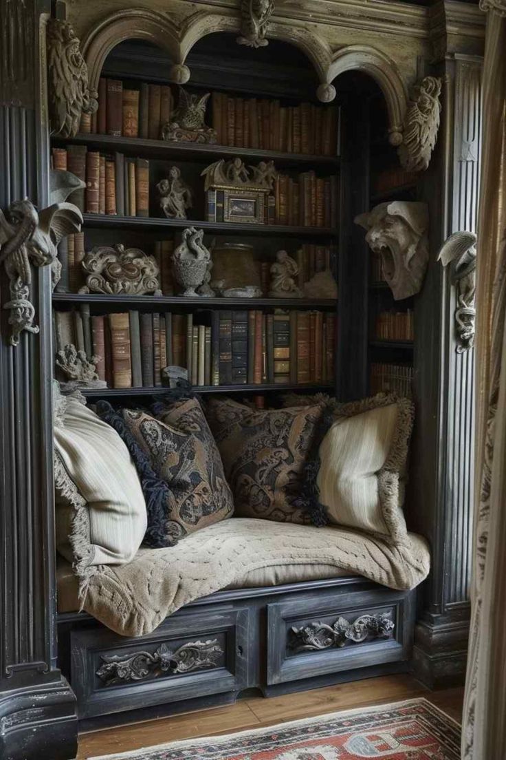 an ornate bookcase with many books on it