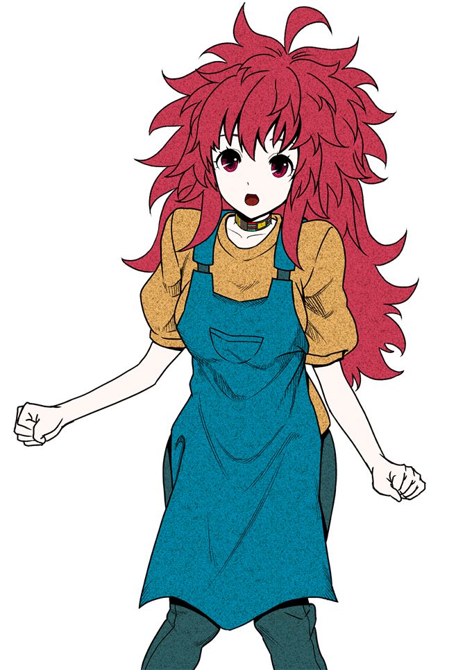 an anime character with red hair and blue overalls