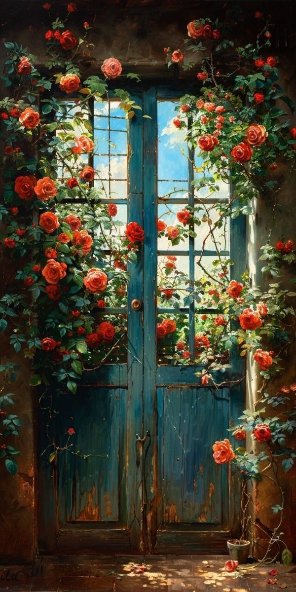 a painting of an open door with roses on it