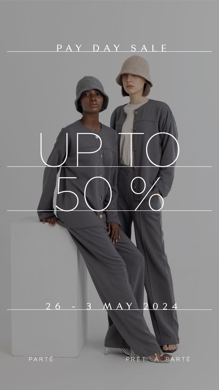 two women in pajamas and hats standing next to each other with the words up to 50 % off