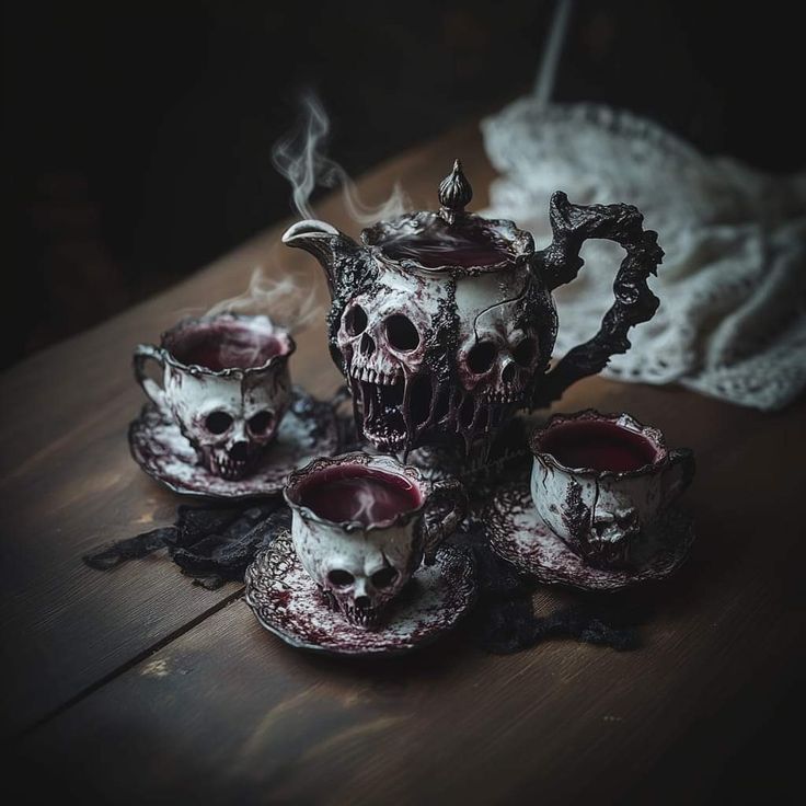 a tea set with skulls on it sitting on top of a wooden table in the dark