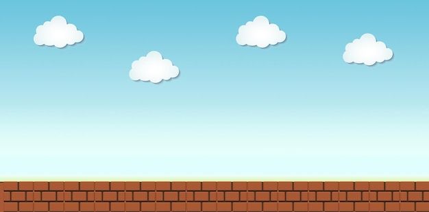 an image of a person jumping over a brick wall with clouds in the sky above