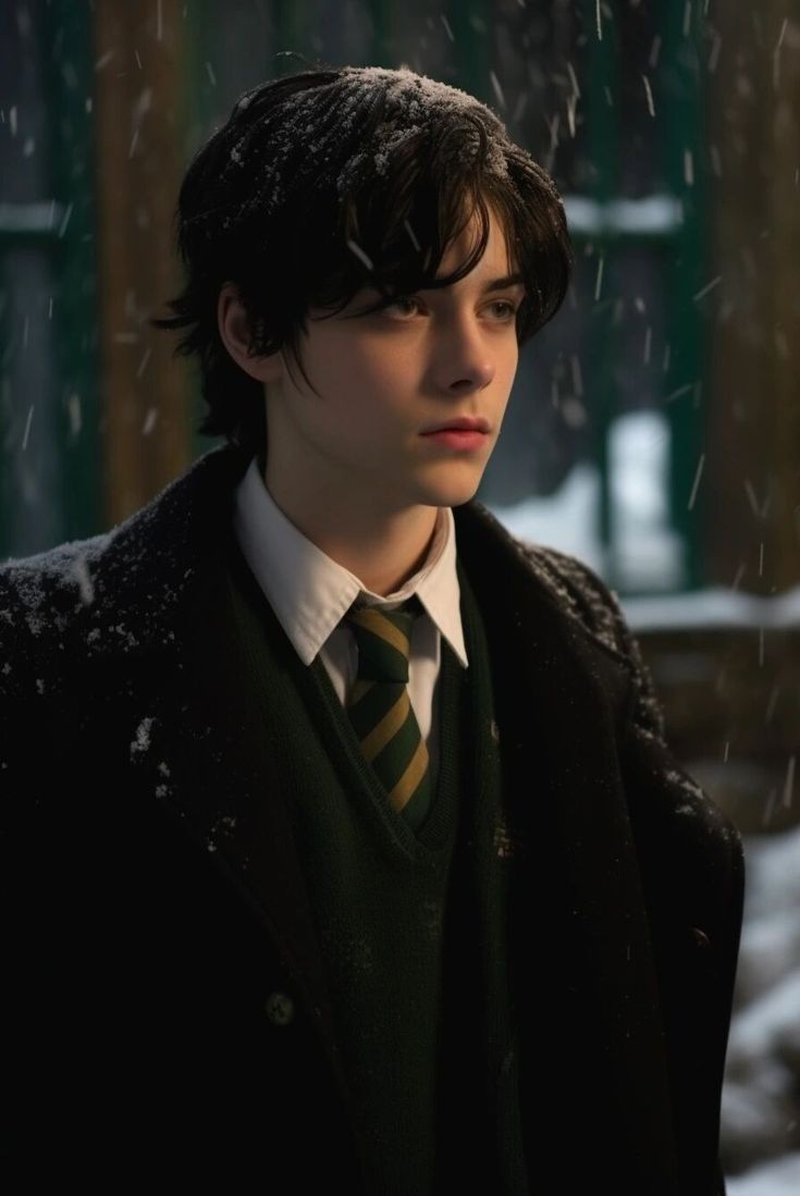 a young man wearing a green tie and black coat in the snow with his eyes closed