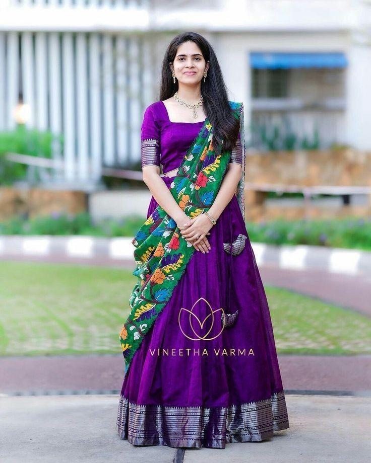 Nandu Ramisetty, Langa Voni Half Saree, Paithani Blouse Design, Pink Half Sarees, Paithani Blouse, Half Saree Function, Kalamkari Dresses, Lehenga Saree Design, Half Saree Lehenga