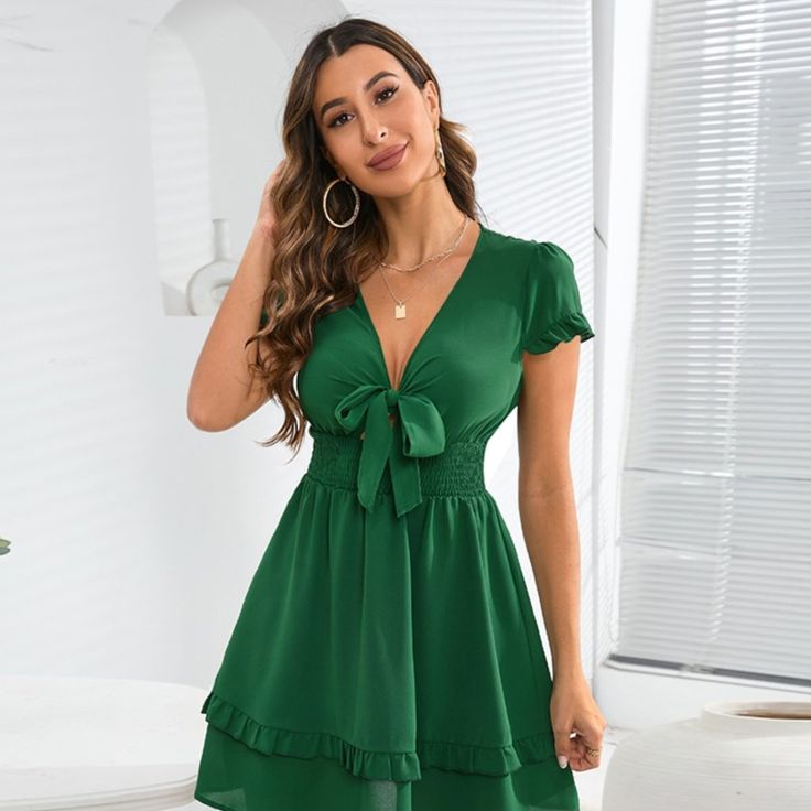 Shipping 4-6 Days Features: Tied, Tiered Sheer: Opaque Stretch: Slightly Stretchy Body: Not Lined Material Composition: 95% Polyester, 5% Spandex Care Instructions: Machine Wash Cold. Tumble Dry Low. Imported Product Measurements: S:Bust 36.22 In, Waist 25.20 In, Waist Stretch Amount 29.13 In, Length 32.68 In M:Bust 37.80 In, Waist 26.77 In, Waist Stretch Amount 30.71 In, Length 32.68 In L:Bust 39.37 In, Waist 28.35 In, Waist Stretch Amount 32.28 In, Length 33.07 In Xl:Bust 40.94 In, Waist 30.71 Casual V-neck Dress With Tie Back, Chic Tie Neck Mini Dress For Summer, Chic Summer Mini Dress With Tie Neck, V-neck Mini Dress With Tie Waist For Brunch, Green Mini Dress With Tie Waist For Brunch, Green Tie Waist Mini Dress For Brunch, Casual V-neck Tie Back Dress, Summer V-neck Mini Dress With Tie Waist, Casual V-neck Tie-back Dress