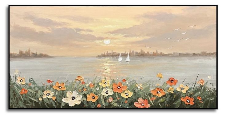 a painting of flowers and sailboats on the water