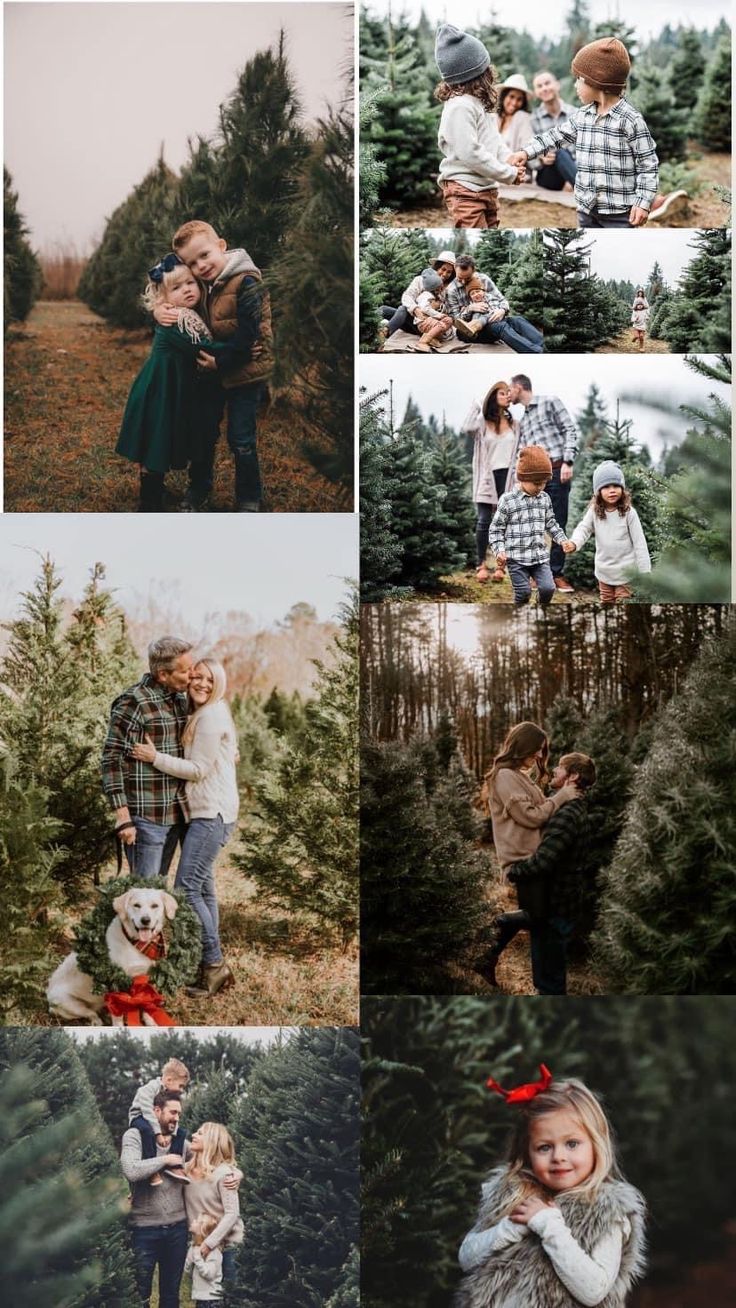 a collage of people standing in front of christmas trees with one person holding a dog