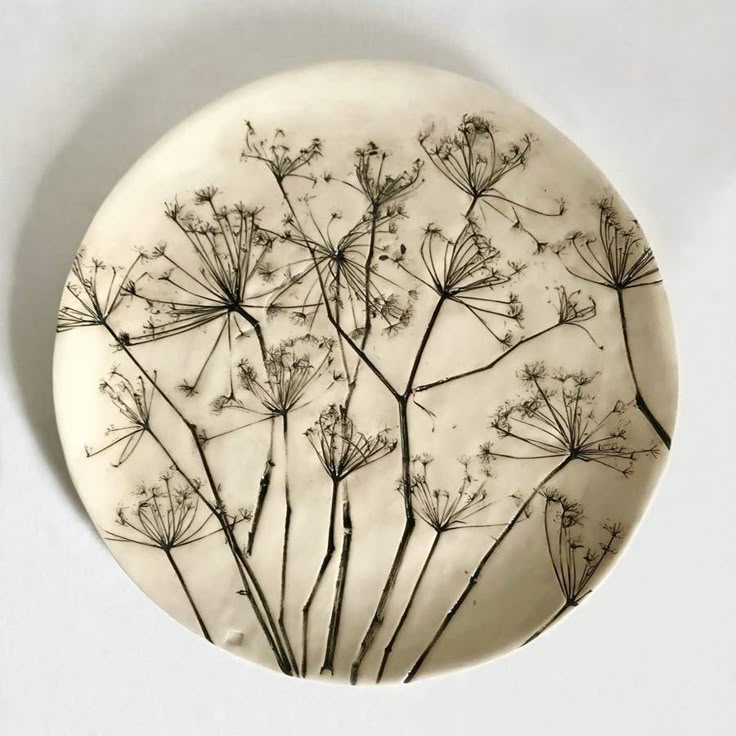 a white plate with black flowers on it