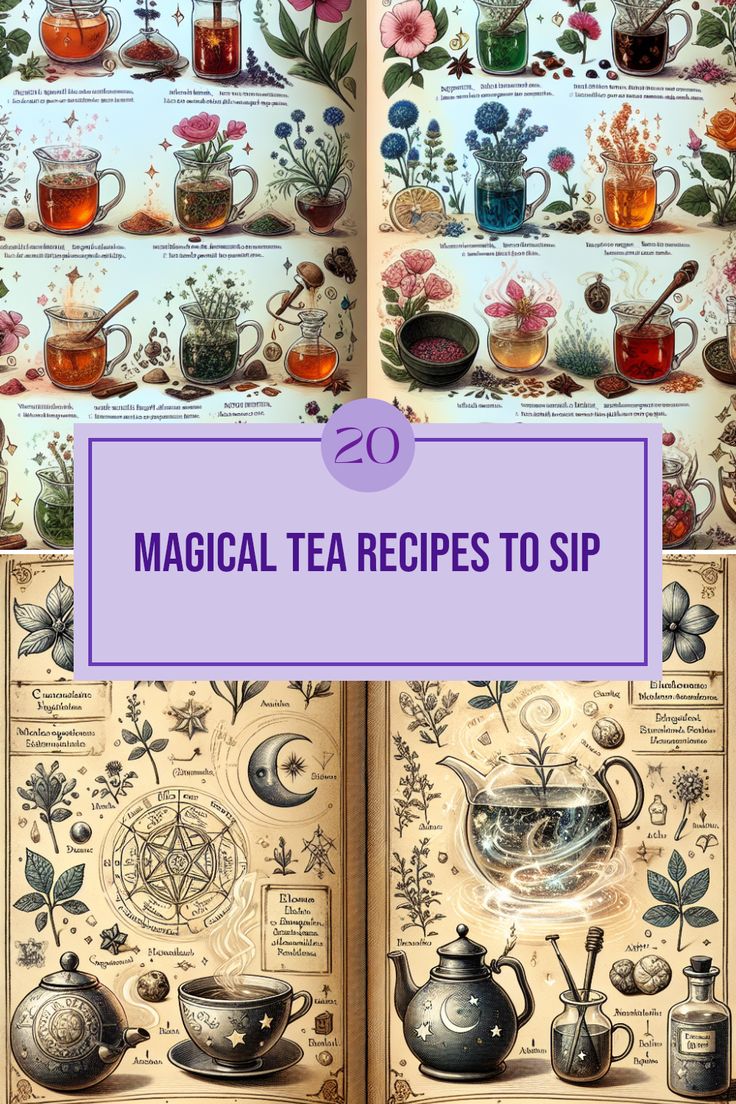 an open book with teas on it and the title reads 20 magic tea recipes to sip