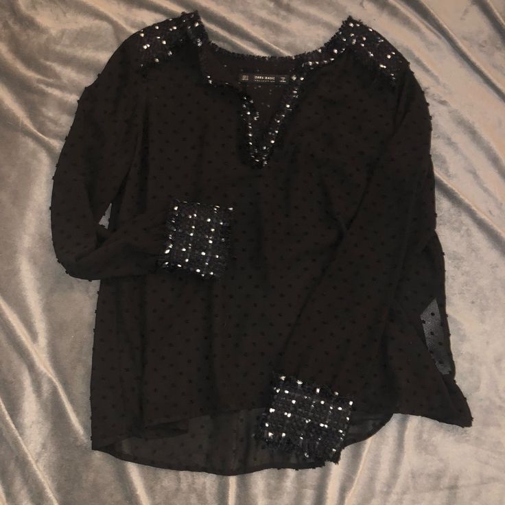 Black Zara Blouse. Very Pretty With Detailing In The Back. Never Worn Edgy Black Stretch Blouse, Black Stretch V-neck Shirt, Chic Stretch Black Shirt, Chic Black Stretch Shirt, Trendy Black Long Sleeve Blouse, Fall Black V-neck Shirt, Black V-neck Shirt For Fall, Spring Black Blouse For Party, Chic Black Top For Going Out