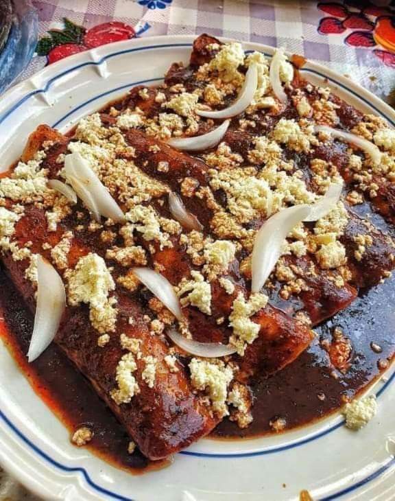 a white plate topped with meat covered in sauce and onions on top of a checkered table cloth