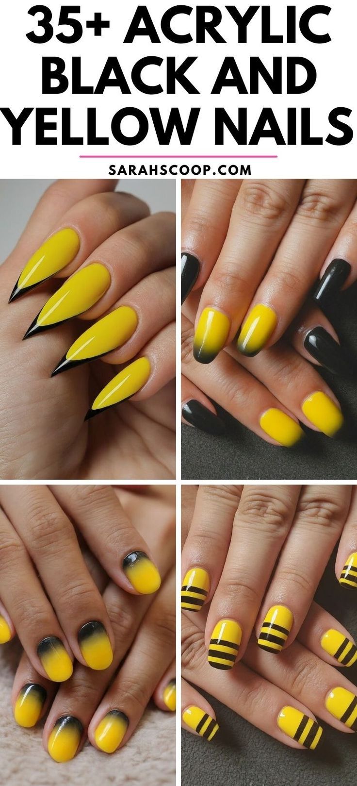 Unleash your creativity with these 35 stunning acrylic nail designs in a classic black and yellow color scheme. Whether you're going for a bold bumblebee design or a soft and subtle abstract pattern, these looks will be sure to turn heads. #AcrylicNails #NailArt #BlackAndYellowNails Black Nails With Yellow Tips, Steelers Nails Designs Yellow Black, Mizzou Nails Black Gold, Yellow Black Nails Design, Steeler Nails Designs, Steelers Nails Designs, Black And Yellow Nails Design, Yellow And Black Nails Design, Nails Yellow And Black