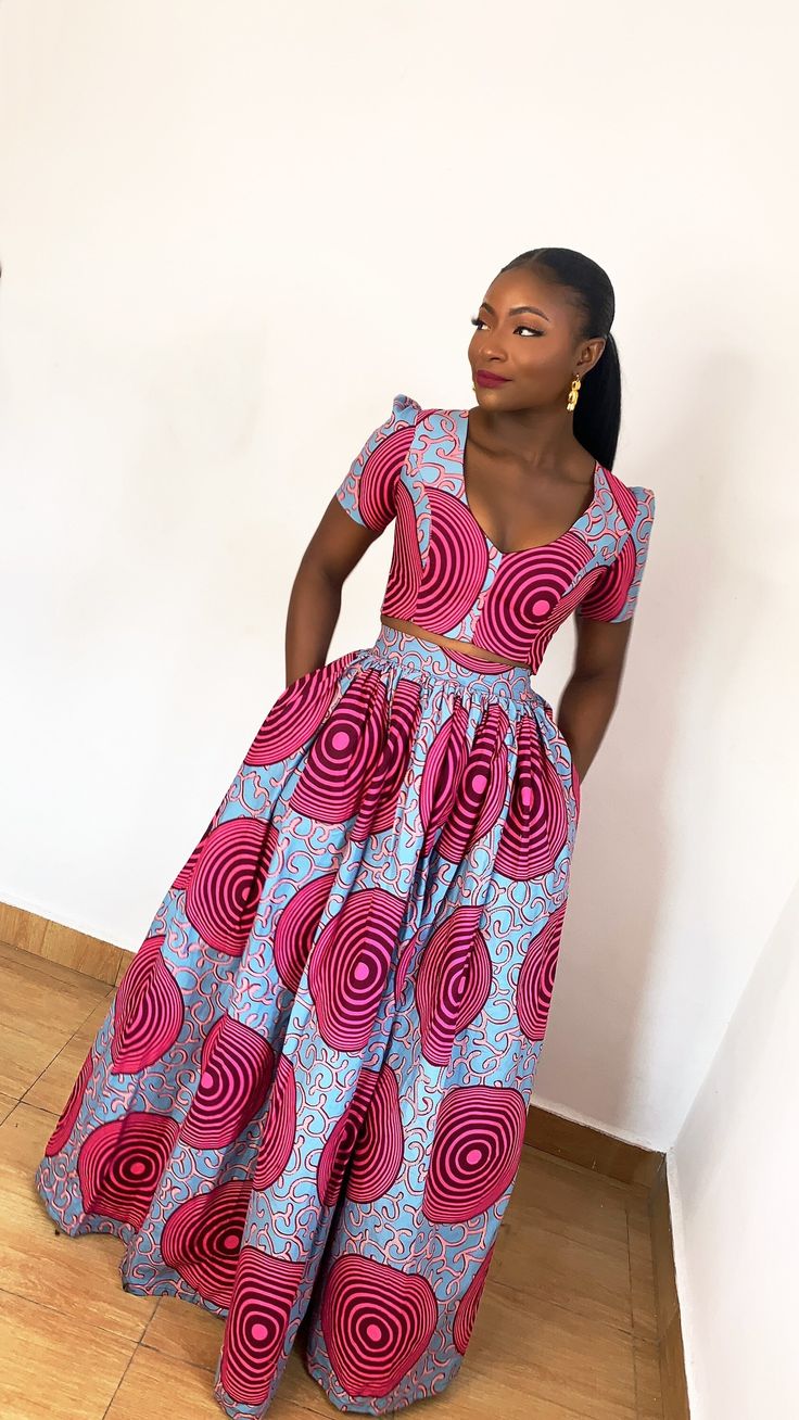 Ankara Crop Top And Skirt, Ankara Flare Skirt, Modern African Print Dresses, Pink Ankara, African Skirt Outfit, Two Piece Outfits Skirt, Maxi Skirt And Top, Ankara Maxi Skirt, African Maxi Skirt