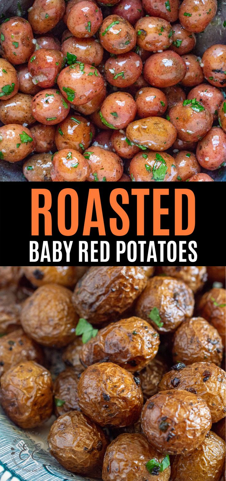 roasted baby red potatoes with parsley on top and in the background, there is a bowl full of them