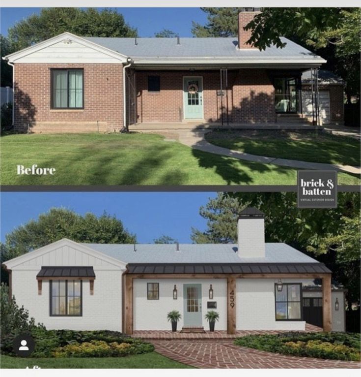 before and after pictures of a brick ranch house