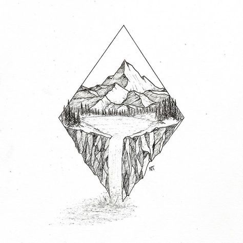 a pencil drawing of a diamond with mountains in the background