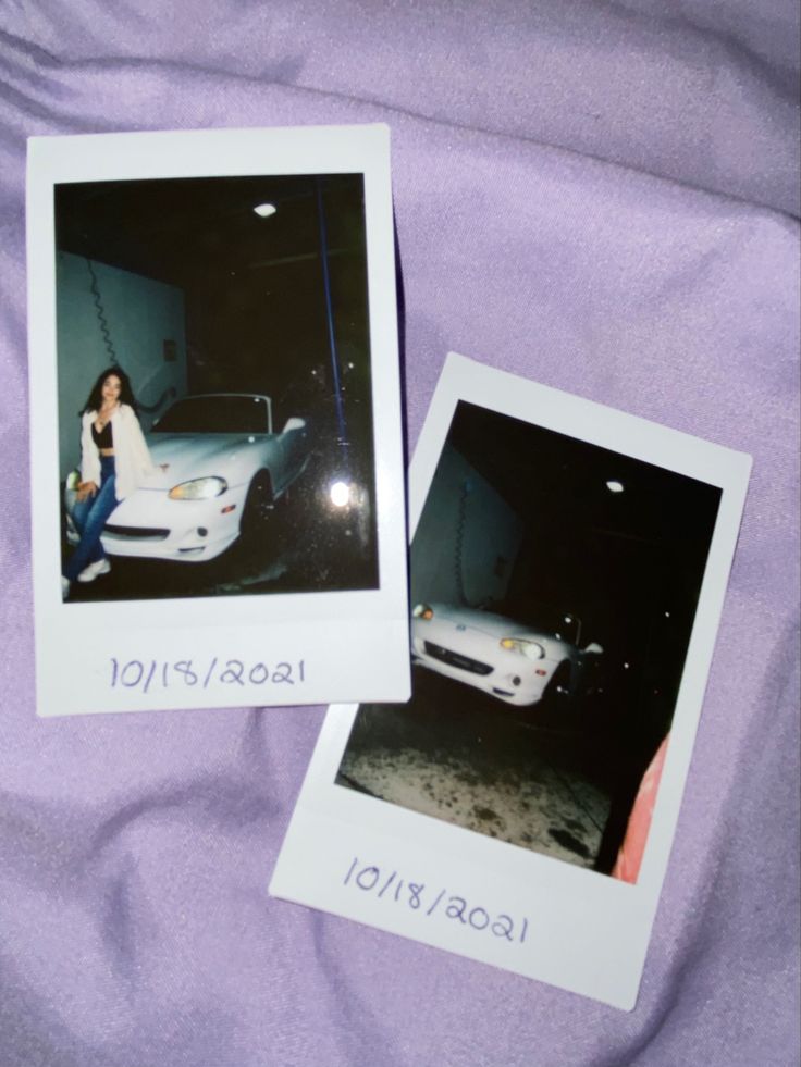 two polaroid photos of a woman sitting on top of a car in the dark