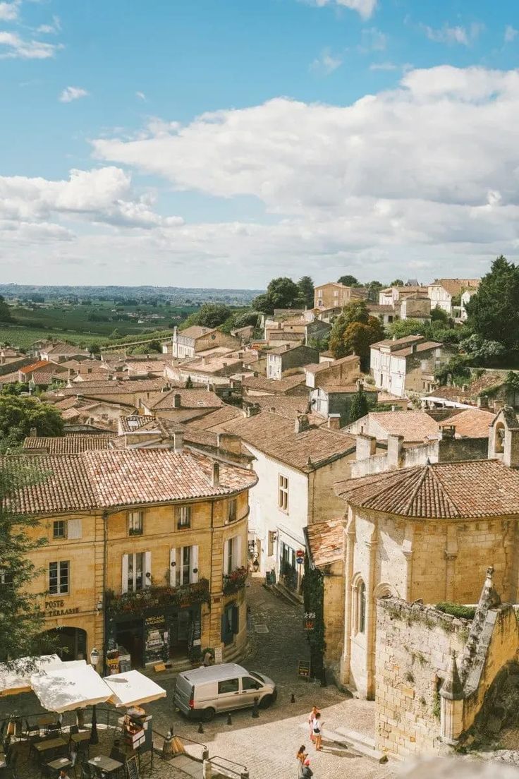 an aerial view of some buildings and people walking around