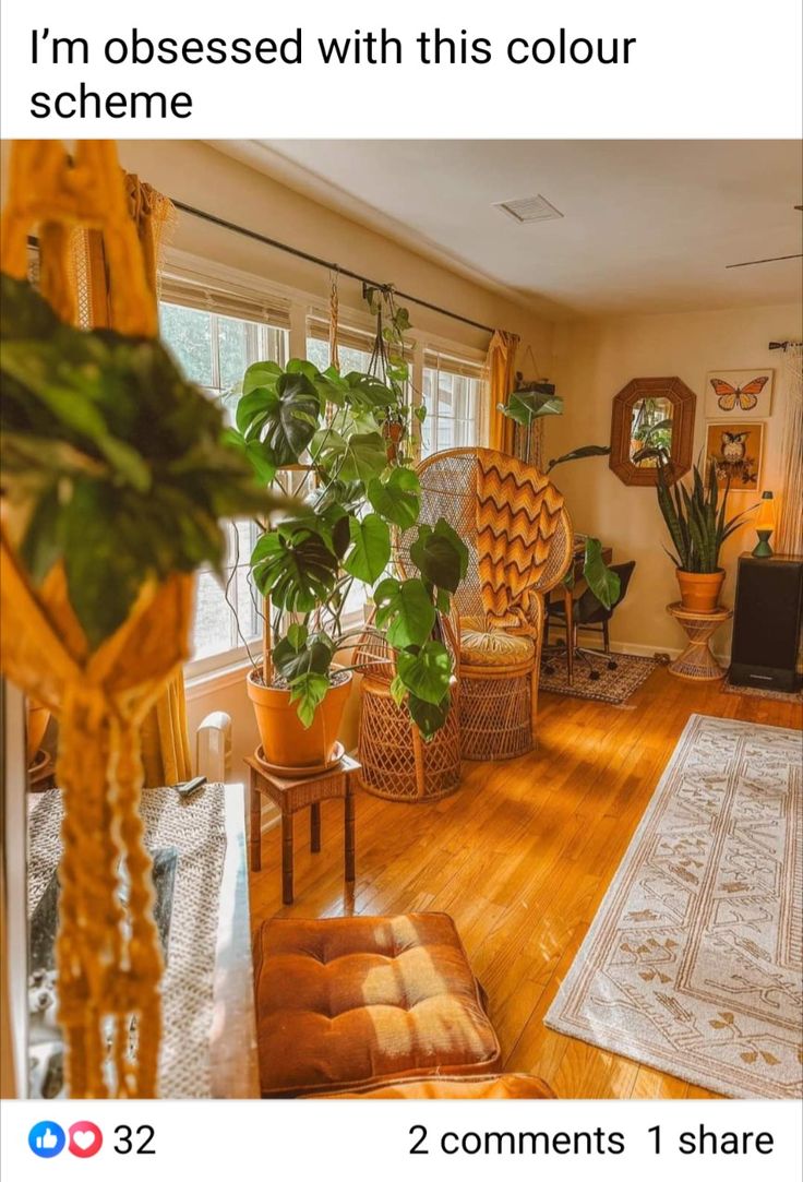 a living room filled with furniture and lots of plants on top of wooden flooring